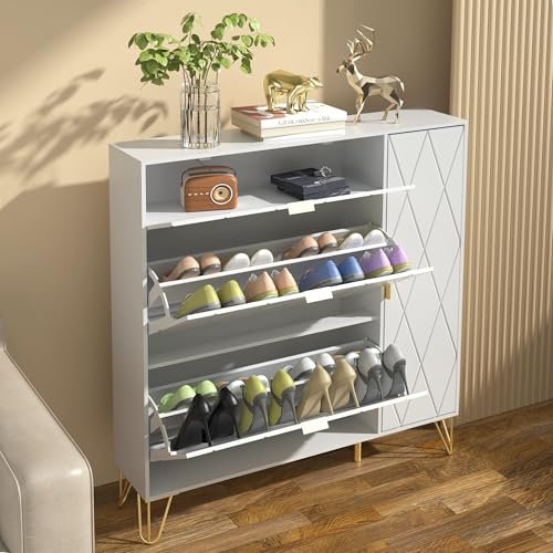 UEV Narrow Shoe Cabinet for Entryway Hallway - 16 Pair Shoe Rack with Hidden Shelf and Side Boot Storage (White)