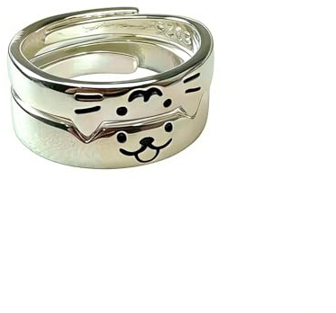 Uarein Cat Dog Couple Rings for Women Men Silver Animal Friendship Matching Ring Cute Puppy Kitten Statement Ring Minimalist Party Valentine's Day Jewelry Gift (Adjustable)