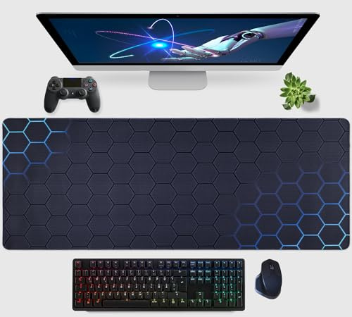 Niviy Gaming Mauspad XXL 90 x 40 cm Tiefblaue Geometrie Großes Mousepad mit vernähten Kanten rutschfest Verbessert Präzision Geschwindigkeit Für PC, Laptop