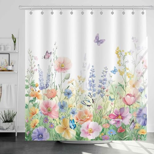 Dazzlewall Tenda da Doccia Floreale, Fiori Primavera Farfalle Tenda per Doccia da Bagno Impermeabile 180x180cm, Antimuffa Tessuto Poliestere con 12 Ganci