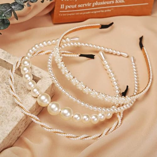 Perlenhaarreifen Damen, 4 PCS Weiße Perlen Haarreif, Haarband Hochzeit, Haarreifen mit Perlen, Perlen Stirnbänder, Weiße Kunstperlen Stirnband, Haarreif Perlen, Modische Stirnbänder für Mädchen
