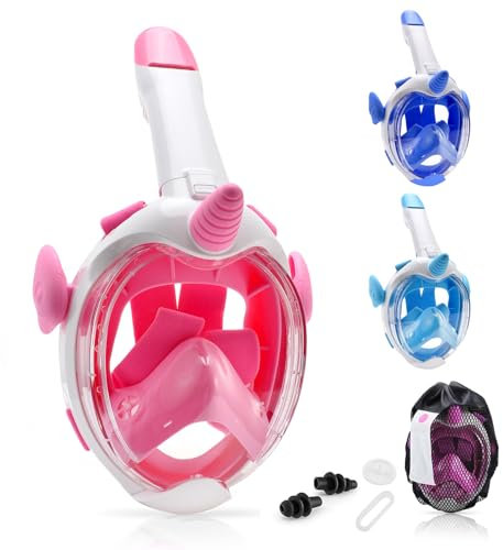 Aischens Schnorchelmaske Kinder, Tauchmaske Vollgesichtsmaske für Kinder 4-12 Jahre, 180° HD Anti-Beschlag Anti-Leck, Vollmaske Taucherbrille Tauchermaske, Snorkeling Mask Wasserspielzeug (Rosa)