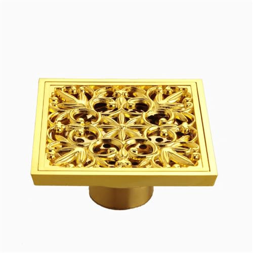 Goldener Messing-Abfluss, 10 x 10 cm, quadratisch, desodorierend, für den Innen- und Außenbereich, Gartendusche, Bodenablauf, 06, 10 x 10 cm