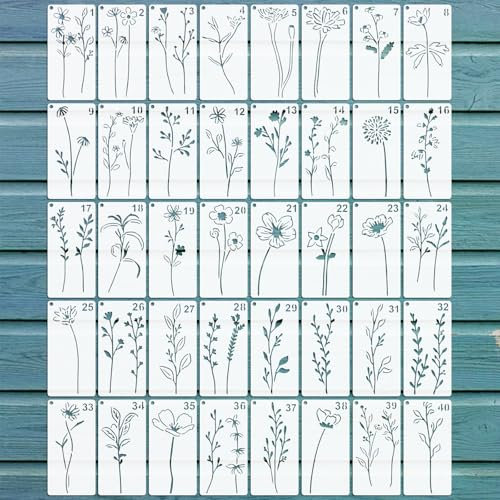 EAPIKON 40stk Blätter Blumen Schablone Malen, 7,6x15,2cm Wiederverwendbar Zeichenschablonen für Acryl-Malerei Art Deko, Blatt Brandmalerei Vorlagen für Holz Wände Leinwand Möbel DIY-Bastelprojekte