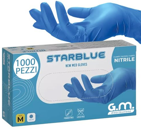 G.M. DISTRIBUZIONE GM 1000 Guanti Nitrile Blu M senza polvere, senza lattice, ipoallergenici, Guanti Monouso Nitrile per Ospedali, Estetisti, Case di Cura e Pulizia della Casa