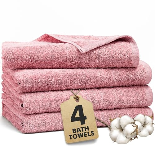 Novo Home Bath Towels Set of 4 – 550 GSM 100% Cotton Baby Pink Extra Large Towels for Bathroom, Spa Use (70x140 cm) – Super Soft and Quick Dry Large Bath Sheets for Adults