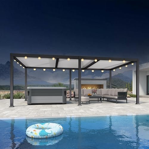 Pergola bioclimatique d'extérieur en aluminium avec lattes réglables et guirlande lumineuse 6,35 x 3,5 m, cadre gris, poteaux blancs, parfaite pour les solutions d'ombrage de jardin et de terrasse