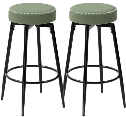 HOMCOM 360 Degree Swivel Bar Stools Set of 2 with Footrest 69 cm Tall Green | Kitchen Counter Stools, Faux Leather with Stitching, Modern Barstools for Breakfast Island