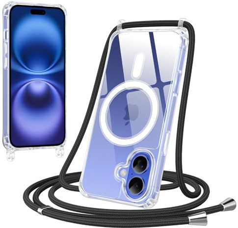Jrkvniv Magnética Funda con Cuerda para iPhone 16 Carcasa, Compatible con MagSafe, Transparente Delgada TPU Silicona Anti-Choque Antiarañazos Protector Case con Ajustable Correa Colgante, Negro