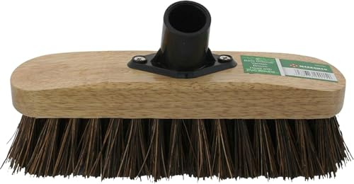 Bazzaree 9 Stiff Deck Scrub Broom Head with Bracket | Heavy-Duty Yard Brush for Garden, Patio & Floor Cleaning | Nylon Bristles, Wooden Base | Ideal for Outdoor Hard Surfaces – Brown