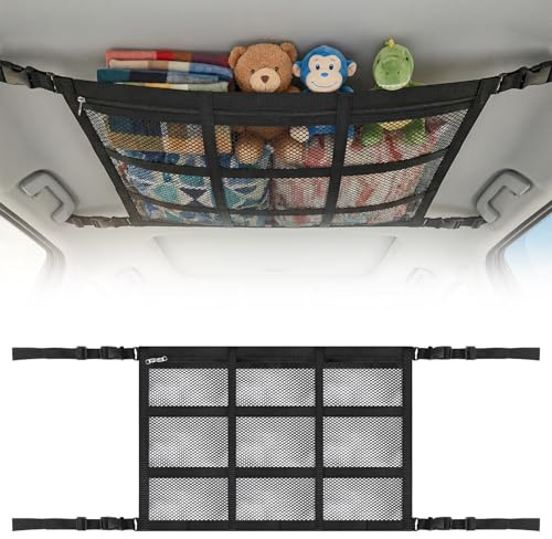 Gowkeey Gepäcknetz Auto,Dachnetz Auto Innen,90×65cm Universal Autodach Gepäcknetz Decke,mit Reißverschluss,Universal Dachnetz Organizer für Vier Dacharmlehnen,für SUV,Jeep,Van