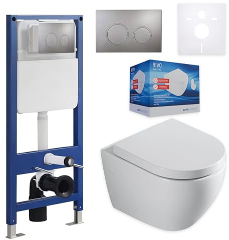 sanicomfort Wand WC-Set Rivo + Vorwandelement inkl. runder Betätigungsplatte dunkelgrau | Unterputz-Komplettset mit 2-Mengen-Spülung | modernes & pflegeleichtes WC-System