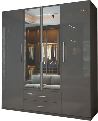 MN Furniture High Gloss 4 Door Hinged Wardrobe with Mirror, Drawers Shelves & Hanging Rails, Freestanding Bedroom Storage (Grey, 160cm)