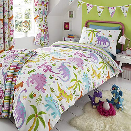 Happy Linen Company Kids Girls Dinosaur Park Jurassic Pink T-Rex Dino White Reversible Toddler Cot Bed Bedding Duvet Cover Set