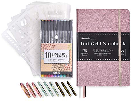 Tagebuch-Set – A5 gepunkteter Bullet Planer Notizbuch mit nummerierten Seiten, dickes weißes Papier, 120 g/m² + 10 Fineliner + 20 Schablonen + 9 Washi-Tapes