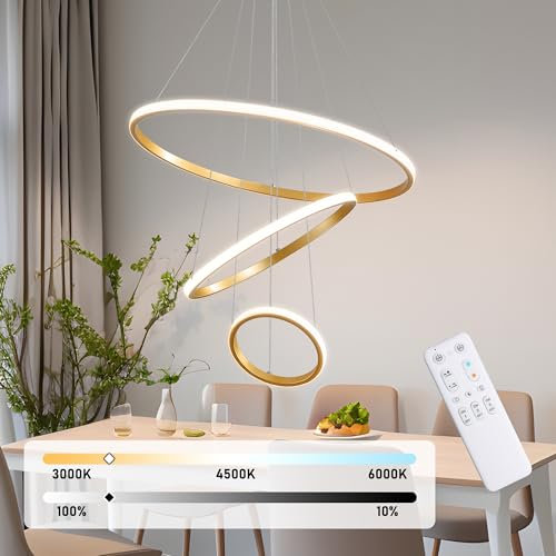 KAUCQI 180CM Pendelleuchte LED Dimmbar Hängelampe Wohnzimmer Esstischlampe mit Fernbedienung, Modernes Hängeleuchte for Esszimmer, Küche 3 Ringe Höhenverstellba Hängend Lampe Esstisch 56W
