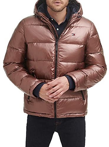 Tommy Hilfiger Men's Hooded Puffer Jacket, Pearlized Brown, XL