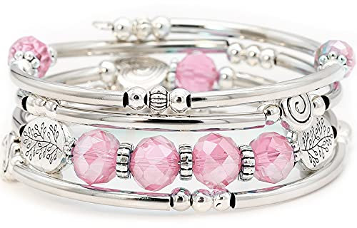 YooAi Wickelarmband Böhmische Perlen Armband Multicolor Türkis Elastische Stapelbar Anhänger Armband für Frauen (PinkCrystal)