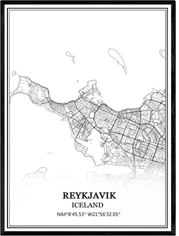 TANOKCRS Reykjavík Island Karte Wandkunst Leinwand drucken Poster Artwork ungerahmt moderne Schwarz-Weiß-Karte Souvenir Geschenk Home Decor 28x36 cm