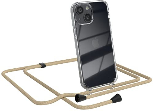EAZY CASE Handykette kompatibel mit iPhone 13 Mini Handyhülle mit Umhängeband, Handykordel mit Schutzhülle, Silikonhülle, Hülle mit Band, Stylische Kette für Smartphones, Taupe - Clips Schwarz