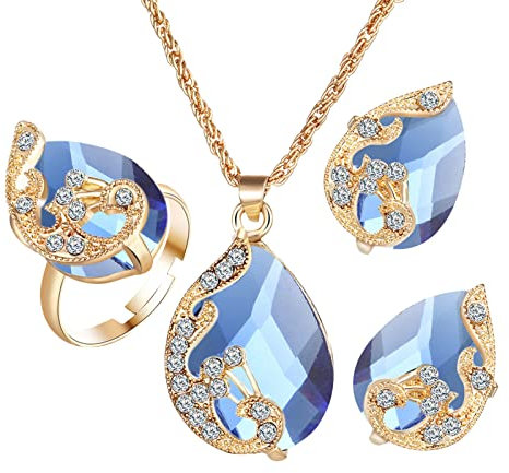 luoluoluo Damen Modeschmuck Diamant Wassertropfen Pfau Ring Halskette Ohrringe Dreiteiliges Set Schmuck Geschenk