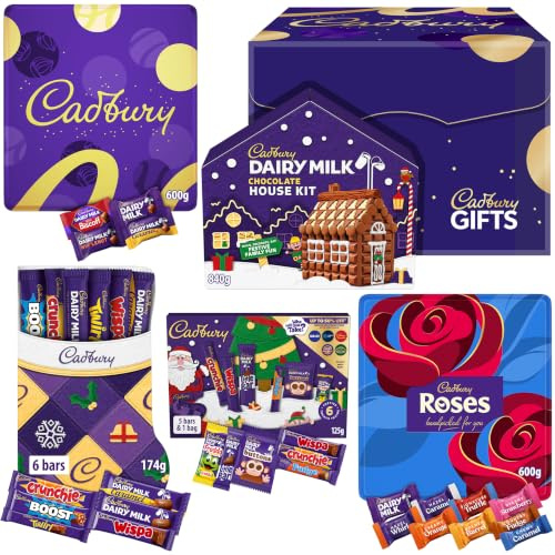 Cadbury Christmas Magic Chocolate Hamper by Cadbury Gifts Direct. Heroes and Dairy Milk Chunks Collectable Tins, Selection Boxes and Make Your Own Christmas House Kit