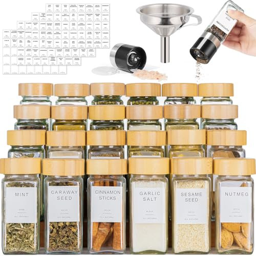 FavorFlavor 24 Pcs Spice Jars with Label, Thickened Glass Seasoning Jars with Bamboo Lids, Airtight Sealing Seasoning Bottles with Silicone Funnel for Easy Refilling, Spice Jars with Shaker Lids