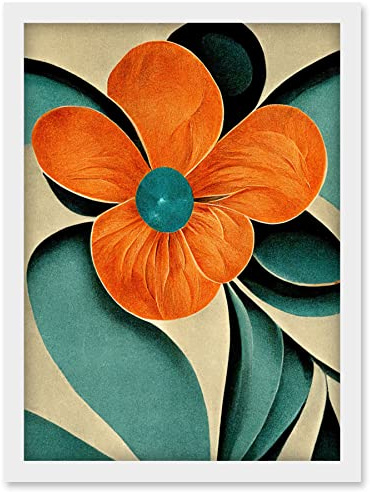 Doppelganger33 LTD Bold Art Deco Flowers Teal Orange Cream Poppy Artwork Framed Wall Art Print A4