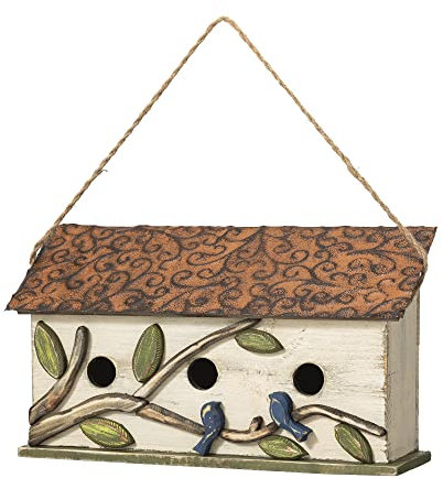 Glitzhome Nichoir à oiseaux à suspendre pour extérieur, terrasse, jardin - Blanc délavé - 39,9 cm - Avec arbre 3D et oiseau