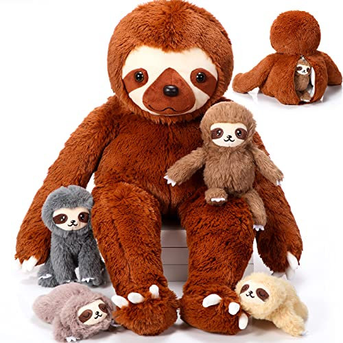 Kasyat 5 Stück Faultier Kuscheltiere Set 1 Mama Faultier Stofftier mit 4 Plüschbabys im Bauch 32 cm Weiche Kuschelige Faultier Plüschtier Geschenk für Baby Shower Geburtstag Heimdekoration (Braun)