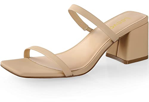Leevar Square Low Block Toe Heeled Sandals for Women - 2.25IN Open Ankle Strap Chunky Heels - Slip on Heeled Sandal Mule- Nude Black Strappy Heels for Party Wedding Dress Shoes,Nude Nubuck,Size 8