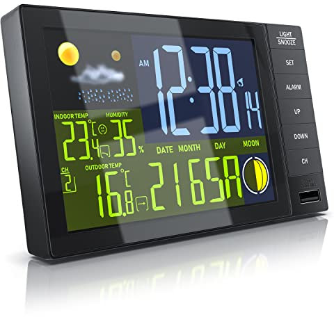 Bearware - Station météo sans Fil avec écran Couleur - capteur Radio sans Fil/capteur extérieur - thermomètre - Signal DCF Horloge Radio - Alarme - hygromètre - humidité - Affichage des Tendances