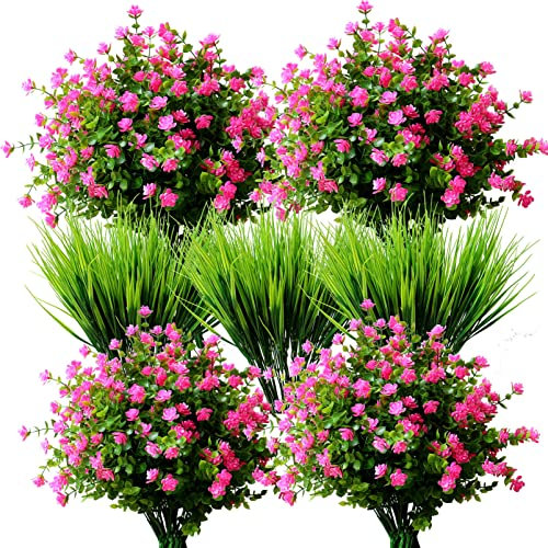 YXYQR 14pcs Artificial Flowers Outdoor UV Resistant Bulk Fake Plastic Plants Outside Indoor Hanging Baskets Faux Greenery Shrubs Arrangement for Pots Vase Porch Window Box Patio Home Decoration (Pink)