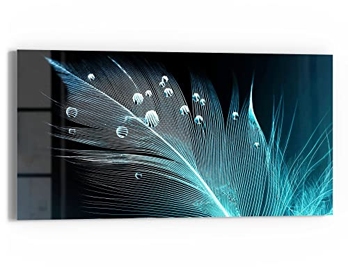 DEQORI Glasbild Echtglas | Motiv Feder mit Wasserperlen | horizontal einteilig 60x30 cm | schöne Dekoration | Wandbild für Wohnzimmer, Schlafzimmer, Flur & Küche | moderne Wanddeko