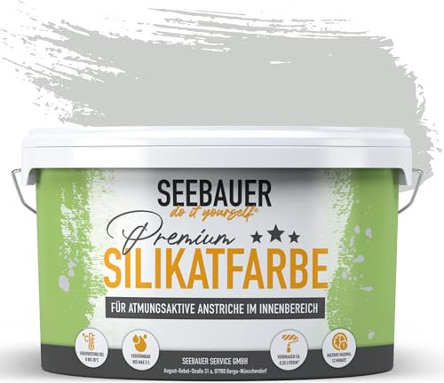 SEEBAUER diy Silikatfarbe Hellgrau 5L für Innen (No. 222 Grey Stone) Atmungsaktive Mineralfarbe für Allergiker - Abwaschbare Wandfarbe - Grautöne hohe Deckkraft