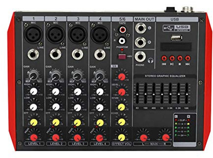 AGAATI Studio Mixing Desks, Mini DJ Mixer USB interface controller Family KTV 4/6/8 channels DJ Audio Mixer +48v stereo mixer Small performance stage home professional effect mixer (6 way)