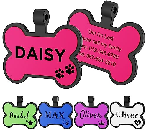 Hundemarke aus Silikon, mit Gravur für Haustiere, geräuschlos, mit niedlichen Symbolen, personalisierbar, für Katzen, Welpen, Kätzchen, Knochen
