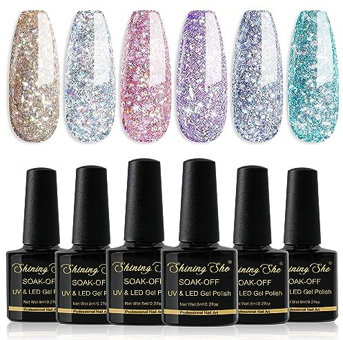 Shining She Glitter Gel Nail Polish, 6 Colours Gold Sliver Purple Blue Sparkly, Soak-Off UV/LED Lamp Gel for Women Nail Art Salon DIY Home, 8ML