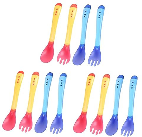SAFIGLE 12stücke Teiliges Babybesteckset Mit Temperaturfühlenden Löffeln Und Gabeln - Für Kleinkinder Gelb Und Blau Für Füttern Von Mädchen Und Kleinkindern