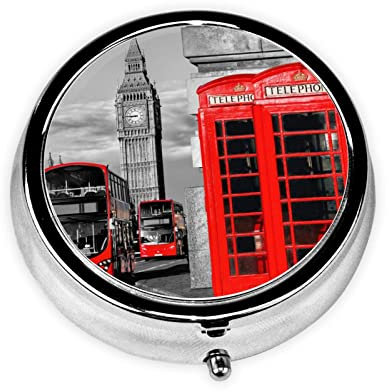 England UK Retro London Telefon Pillendose Tragbare Runde Metall Pillendose 3 Fächer Kleine Tablettenbox für Geldbörse oder Tasche Pillen Organizer Medizin Vitamin Organizer Einzigartiges Geschenk