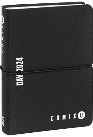 COMIX U, Mini – Tagesplaner 2024, 12 Monate, mit Kalender, Planer, Platz für Notizen und Notizen – 11 x 15,3 cm – Weiß und Schwarz