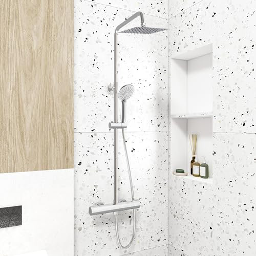 Huibathroom Thermostatic Shower Mixer Set for Bathroom Square Chrome Designer Rainfall Shower Head Handset Exposed Valve, Hose & Rail
