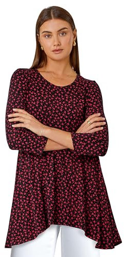 Roman Originals Floral Print Hanky Hem Stretch Top for Women UK - Ladies Everyday Holiday Spring Summer Round Neckline Comfy Soft Evening Vacation Work Party - Red & Black - Size 12