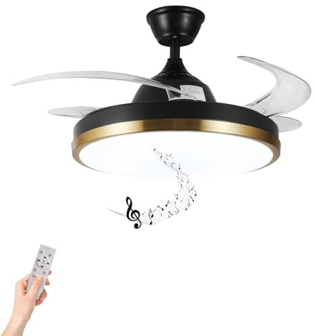 Horevo Ventilateur de plafond rétractable intelligent avec lumières et haut-parleur Bluetooth, ventilateur lumineux de 24 W avec Alexa et contrôle de l’application Google - Noir et or