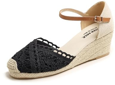 Feversole Womens Wedge Sandals,Alpargatas de Yute con Cuña y Piso de Cuerda Natural con Hebilla Al Tobillo y Punta Cerrada Cuña Negra Punto Crochet Yute 37