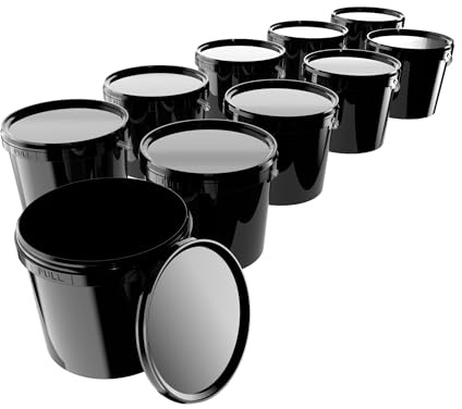 10x Kunststoff Eimer mit Deckel 5l Schwarz Rund | Lebensmittelecht, Luftdicht und Stabil | mit Griff für Lebensmittel Chemie Waschpulver Klebstoffe Geeignet