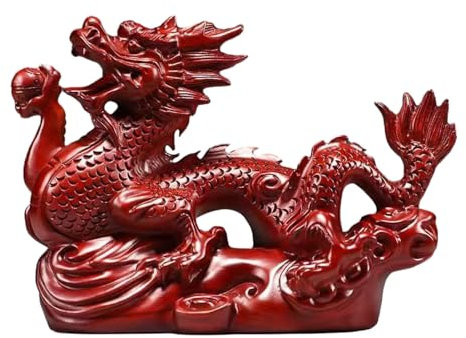 Worparsen Statuette de dragon avec base stable - Statue du zodiaque chinois Feng Shui - Figurine en bois porte-bonheur pour bureau et maison - Rouge - 10 cm