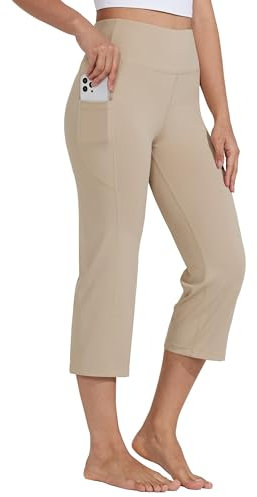 WILLIT Caprihose Damen Yogahose Sporthose Capri Leggings High Waist Hosen Crop gerades Bein Sommerhose Freizeithose Sport Übung Workout 21 mit Taschen Khaki XXL