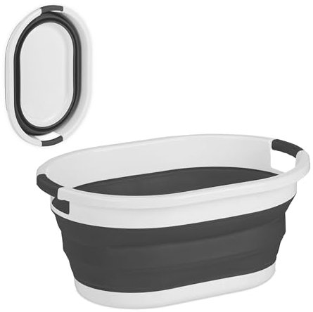 Relaxdays Wäschekorb faltbar, 24 L, Wäschewanne aus Kunststoff, platzsparend zusammenklappbar, mit Griffen, schwarz/weiß