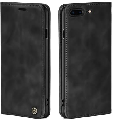 LBH Handyhülle für iPhone 7 Plus / 8 Plus in Schwarz mit Karten- und Geldfach Smartphone Hülle mit Standfunktion Flip Case Schutzhülle Magnetverschluss Vintage